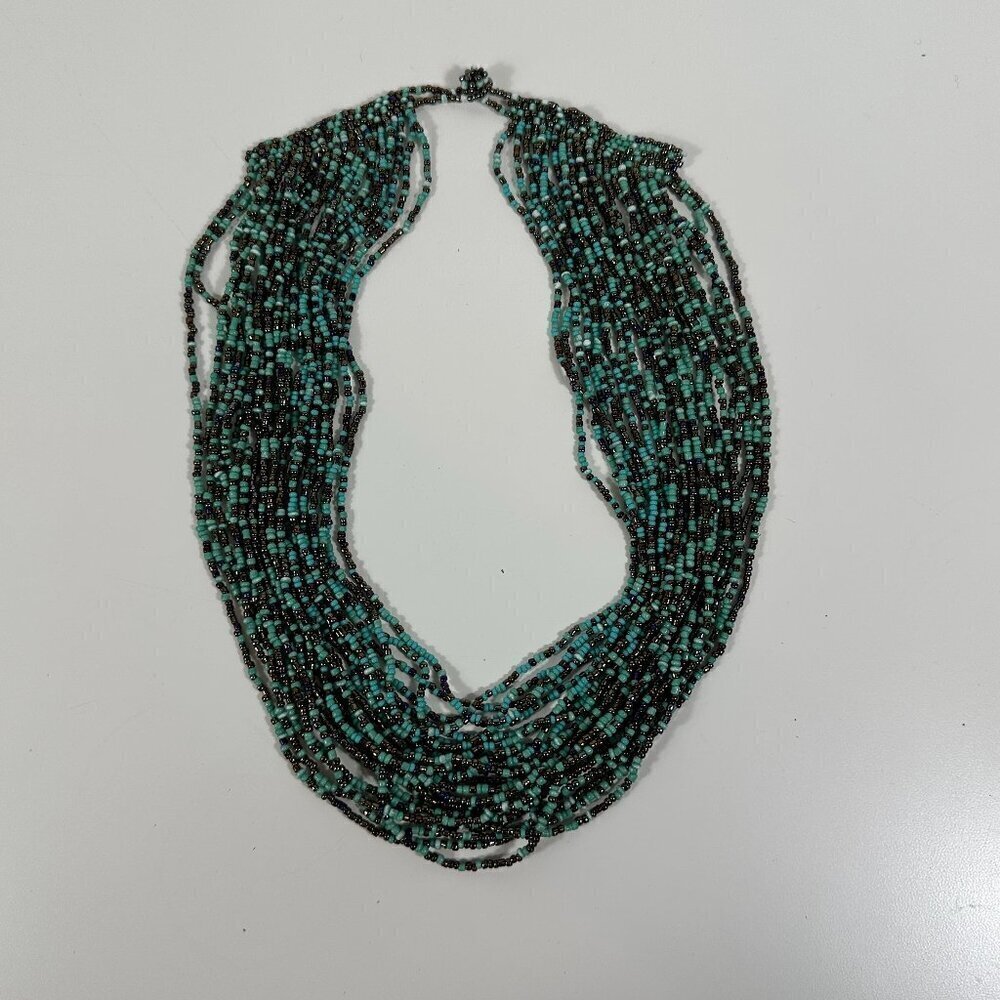Hand Headed Necklace 24 Strand Turquoise Multi-Layered with Bronze Accent Beads